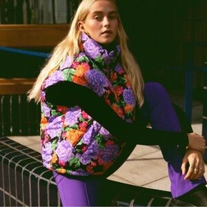 Zara Reversible Floral Black Purple Orange Puffer Oversized Vest Size XS